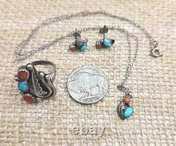 VTG Sterling Silver Native American Parure Jewelry Set Turquoise & Coral 3 Pc