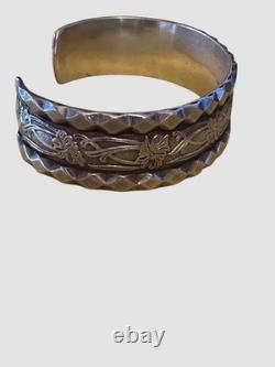 VTG Sterling Silver Navajo Style Floral Cuff Bracelet LT Signed 29.3g Petite