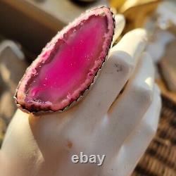 VTG Sterling Silver Ring Pink Agate Slice Crystal Stone Accent Signed Jewelry925
