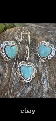 VTG Turquoise Sterling Silver Heart Pendant & Earrings SET Native Amer 4 PIECES