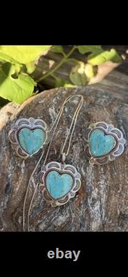 VTG Turquoise Sterling Silver Heart Pendant & Earrings SET Native Amer 4 PIECES