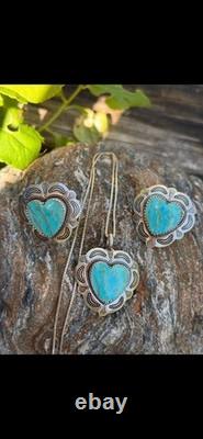 VTG Turquoise Sterling Silver Heart Pendant & Earrings SET Native Amer 4 PIECES