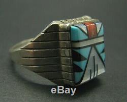 VTG ZUNI OLD PAWN Sterling Silver Ring TURQUOISE CORAL MOP ONYX Mosaic Inlay 13