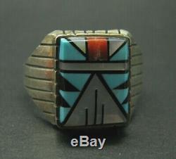 VTG ZUNI OLD PAWN Sterling Silver Ring TURQUOISE CORAL MOP ONYX Mosaic Inlay 13