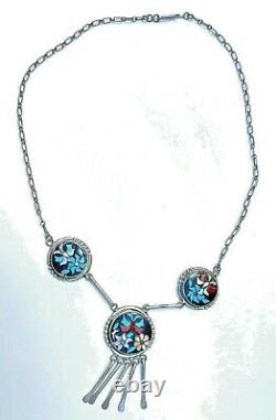 VTG Zuni Multi Stone Raised Inlay Sterling Bib Necklace by Ronnie Calavaza
