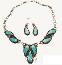 VTG Zuni Necklace Earrings Set Sterling Turquoise Channel Inlay Choker Old Pawn
