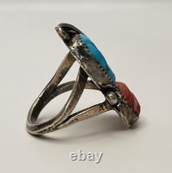 VTG Zuni Ring 925 Silver Leaf Turquoise Coral Size 4.75 Linda Eustace Cochiti LE