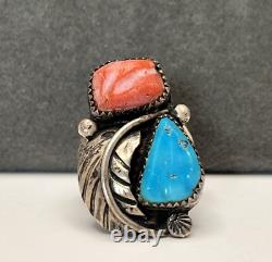 VTG Zuni Ring 925 Silver Leaf Turquoise Coral Size 4.75 Linda Eustace Cochiti LE