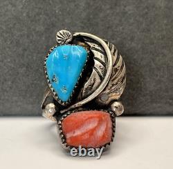 VTG Zuni Ring 925 Silver Leaf Turquoise Coral Size 4.75 Linda Eustace Cochiti LE