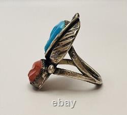 VTG Zuni Ring 925 Silver Leaf Turquoise Coral Size 4.75 Linda Eustace Cochiti LE