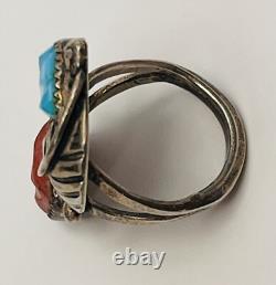 VTG Zuni Ring 925 Silver Leaf Turquoise Coral Size 4.75 Linda Eustace Cochiti LE