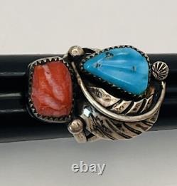 VTG Zuni Ring 925 Silver Leaf Turquoise Coral Size 4.75 Linda Eustace Cochiti LE