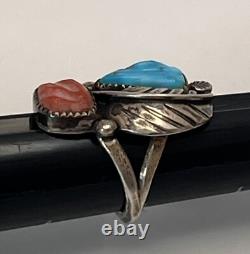 VTG Zuni Ring 925 Silver Leaf Turquoise Coral Size 4.75 Linda Eustace Cochiti LE