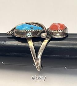 VTG Zuni Ring 925 Silver Leaf Turquoise Coral Size 4.75 Linda Eustace Cochiti LE