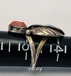 VTG Zuni Ring 925 Silver Leaf Turquoise Coral Size 4.75 Linda Eustace Cochiti LE