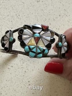 VTG Zuni Sterling Silver Thunderbird Inlay Cuff Turquoise Coral Jet 60's Signed