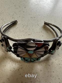 VTG Zuni Sterling Silver Thunderbird Inlay Cuff Turquoise Coral Jet 60's Signed