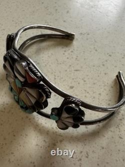 VTG Zuni Sterling Silver Thunderbird Inlay Cuff Turquoise Coral Jet 60's Signed