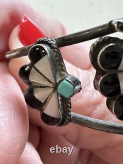 VTG Zuni Sterling Silver Thunderbird Inlay Cuff Turquoise Coral Jet 60's Signed
