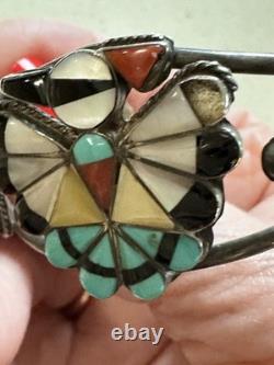 VTG Zuni Sterling Silver Thunderbird Inlay Cuff Turquoise Coral Jet 60's Signed