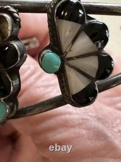 VTG Zuni Sterling Silver Thunderbird Inlay Cuff Turquoise Coral Jet 60's Signed