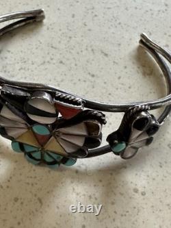 VTG Zuni Sterling Silver Thunderbird Inlay Cuff Turquoise Coral Jet 60's Signed