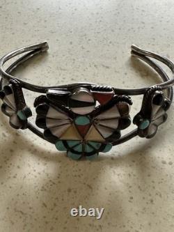 VTG Zuni Sterling Silver Thunderbird Inlay Cuff Turquoise Coral Jet 60's Signed