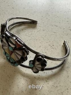 VTG Zuni Sterling Silver Thunderbird Inlay Cuff Turquoise Coral Jet 60's Signed