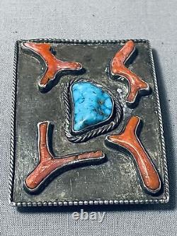Very Rare Vintage Navajo Morenci Turquoise Coral Sterling Silver Buckle