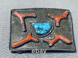 Very Rare Vintage Navajo Morenci Turquoise Coral Sterling Silver Buckle