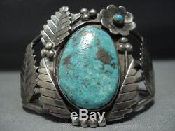 Very Rare Vintage Navajo'green Old Kingman Turquoise' Sterling Silver Bracelet