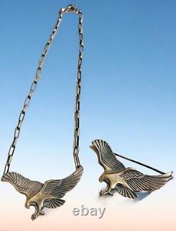 Very Vtg Native American Sterling Silver EAGLE Necklace Brooch LOT SET OLD