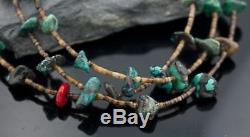 Vintage3 Strand Navajo Silver Natural Turquoise Coral Native American Necklace