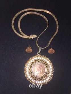 Vintage 1899 Gold Plated Native American Coin Pendant Necklace & Earrings Set