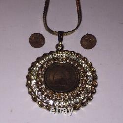 Vintage 1899 Gold Plated Native American Coin Pendant Necklace & Earrings Set