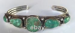 Vintage 1930's Navajo Indian Silver Blue Green Turquoise Row Cuff Bracelet