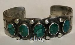 Vintage 1930's Navajo Indian Silver Green & Blue Turquoise Cuff Bracelet