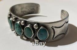 Vintage 1930's Navajo Indian Silver Green & Blue Turquoise Cuff Bracelet