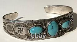Vintage 1930's Navajo Indian Silver Turquoise Whirling Logs Cuff Bracelet