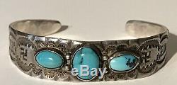 Vintage 1930's Navajo Indian Silver Turquoise Whirling Logs Cuff Bracelet