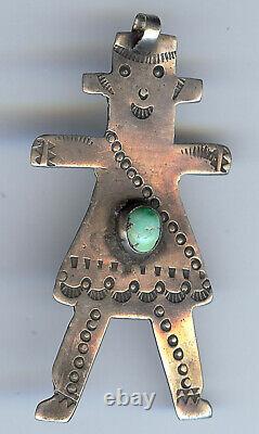 Vintage 1930's Navajo Indian Stamped Silver Turquoise Figural Person Pendant