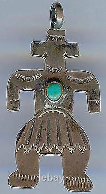 Vintage 1930's Navajo Indian Stamped Silver & Turquoise Figure Fob Pendant