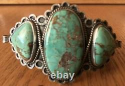 Vintage 1930s Navajo Sterling Silver Natural Green Turquoise Cuff Bracelet