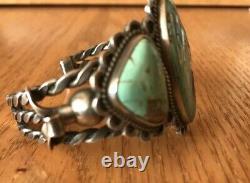 Vintage 1930s Navajo Sterling Silver Natural Green Turquoise Cuff Bracelet