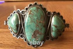 Vintage 1930s Navajo Sterling Silver Natural Green Turquoise Cuff Bracelet