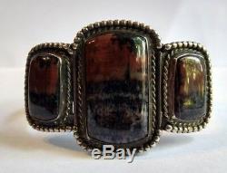 Vintage 1940's Navajo Indian Silver Gorgeous Scenic Petrified Wood Cuff Bracelet