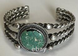 Vintage 1940's Navajo Indian Twisted Wire Silver Green Turquoise Cuff Bracelet