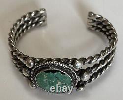 Vintage 1940's Navajo Indian Twisted Wire Silver Green Turquoise Cuff Bracelet