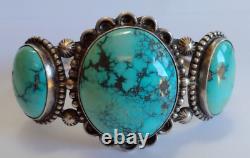Vintage 1940s Navajo Indian Silver Large Cabs Blue Turquoise Cuff Bracelet