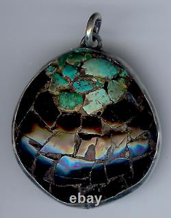 Vintage 1950's Zuni Indian Sterling Silver Inlaid Onyx Turquoise Pendant